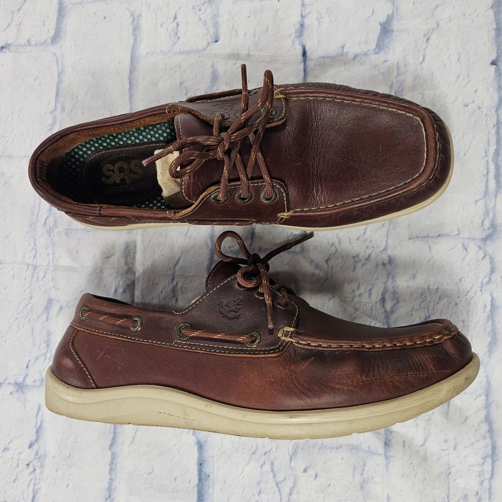 SAS Decksider Boat Shoes Mens 11 Brown Leather Lace Up Tripad Comfort USA
